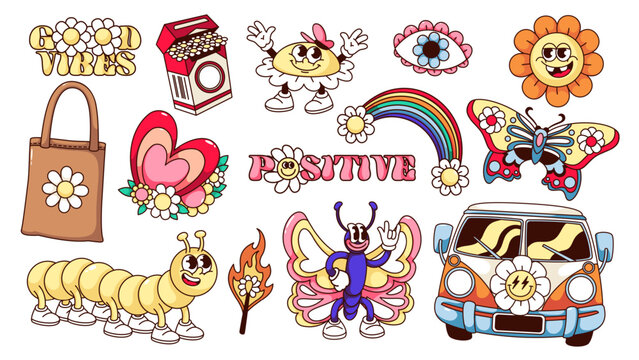 Groovy cartoon butterfly and flowers, set of hippy stickers. Funny retro mascots for hippie party, daisy flowers on van and heart, bag and rainbow. Cartoon emoji of 60s 70s style vector illustration