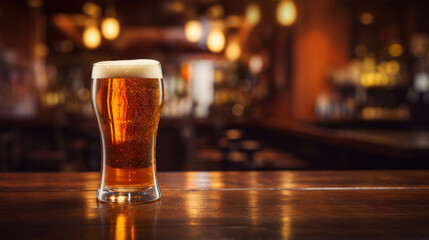 A refreshing glass of beer with frothy head on a wooden bar counter, in a warm, inviting pub atmosphere.