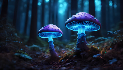 mushrooms growing in a dark forest - magical neon mushrooms glowing in a dark forest, bioluminescent mushrooms - beauty of nature. 