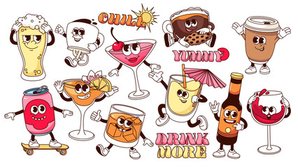 Groovy cartoon drink characters set. Funny cafe menu mascots collection, retro hot and cold drink in cup or bottle with comic expression, cartoon stickers of 60s 70s style vector illustration