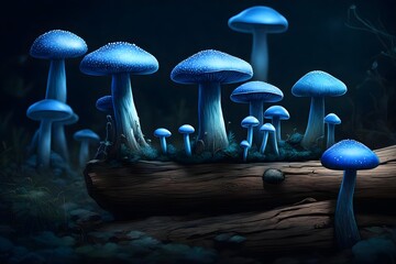 mushrooms growing in a dark forest - magical neon mushrooms glowing in a dark forest, bioluminescent mushrooms - beauty of nature. 