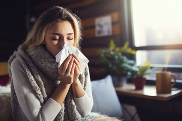 Young sick woman blowing her nose while sitting on the sofa at home