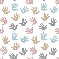 Seamless pattern, children's handprints on a white background. Background, print, textile, vector