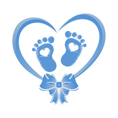 Two baby footprints in the heart with a bow. The symbol of the newborn in the heart. Newborns icon, sticker, postcard, vector