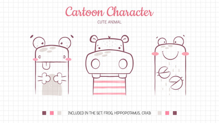Set Cartoon Characters. Frog, Hippo and Crab. Cute Amimal. Illustration for Kids