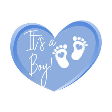 Blue heart with baby footprints and the words it's a boy. Newborn baby icon, symbol, print, postcard, vector