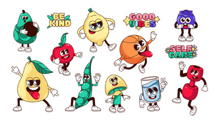 Groovy healthy lifestyle cartoon characters and stickers set. Funny retro healthy avocado and apple, lemon and peas, gym dumbbell and ball mascot cartoon collection of 70s 80s vector illustration