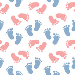 Seamless pattern, baby footprints with hearts on a white background. Background, print, textile, vector