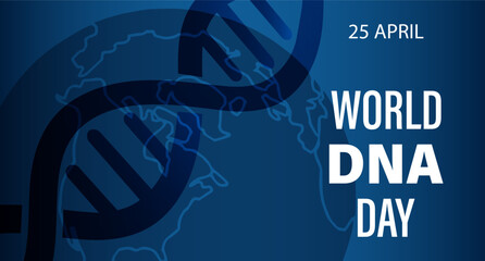 World DNA Day. Human DNA symbol on a blue world map background. Poster, holiday banner, vector