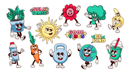 Groovy healthy lifestyle cartoon characters and stickers set. Funny retro gym kettlebell and water bottle, sun and flower mascots, cartoon healthy vegetable emoji of 70s 80s vector illustration