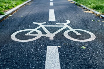 Cycle path close up bicycle icon on asphalt. Generative AI - obrazy, fototapety, plakaty