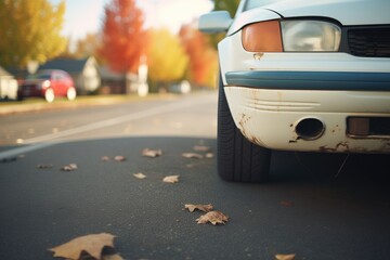 car with a dented bumper on the road - obrazy, fototapety, plakaty