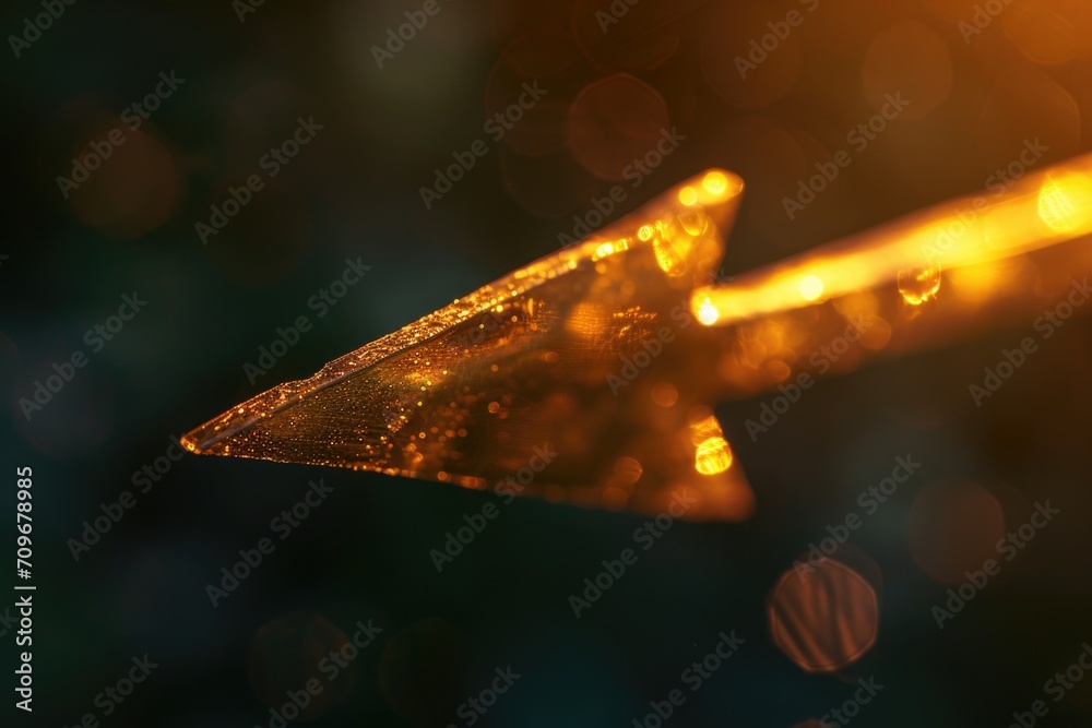 Poster a detailed shot of an arrow covered in sparkling water droplets. this image can be used to depict co