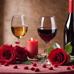 Romantic Valentine's Day Wine and Roses Composition