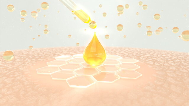 The cream drips onto the skin and has properties to revitalize and protect the skin. 3D illustration.