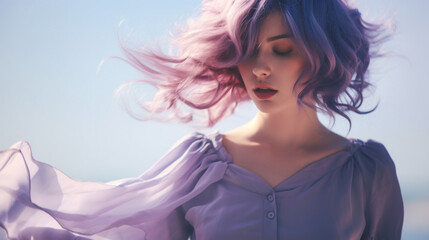 Ethereal beauty of a young woman with flowing purple hair, matching her light dress against a blue sky. - obrazy, fototapety, plakaty