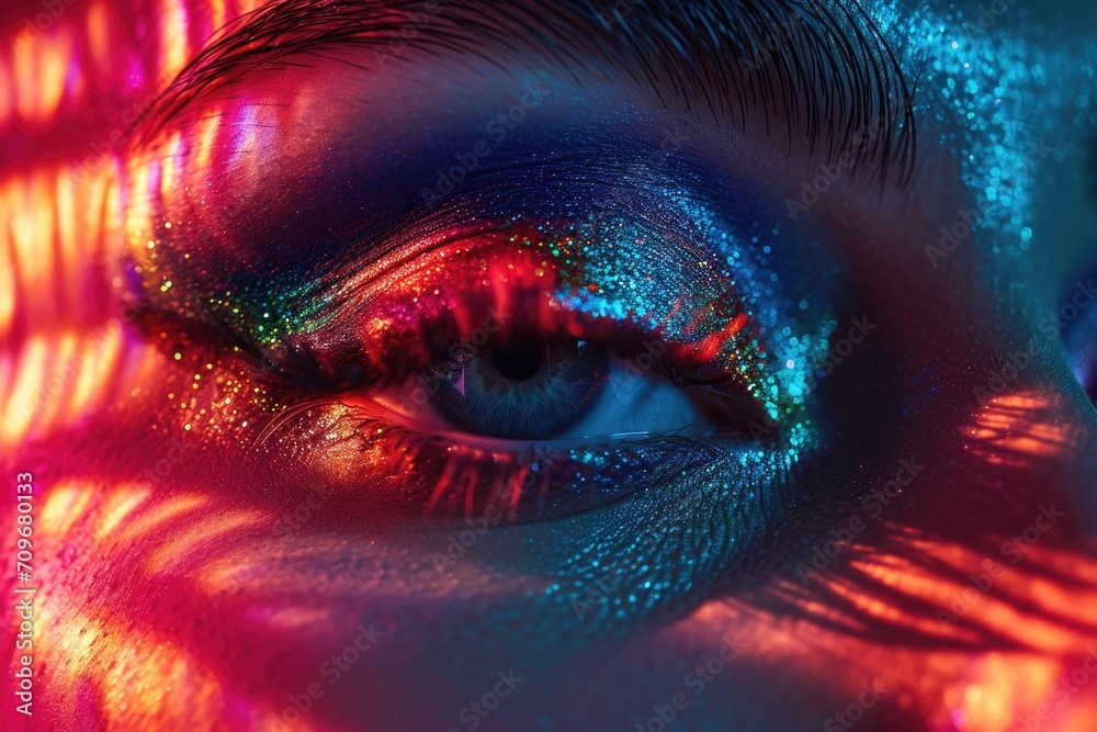 Poster A detailed close-up of a person's eye with sparkling glitter. This image can be used for various creative projects and makeup tutorials
