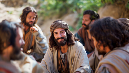 Jesus sits outside with his disciples and discusses the topic of Christianity and religion - obrazy, fototapety, plakaty