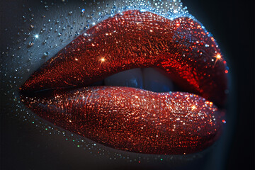 Red and silver lips extravaganza, metallic with diamonds on