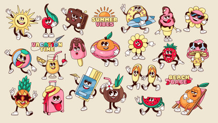 Groovy summer travel and beach holiday stickers set vector illustration. Cartoon isolated retro vacation collection of cute characters, happy sweet food and summer fruit, sun and suitcase, cocktail