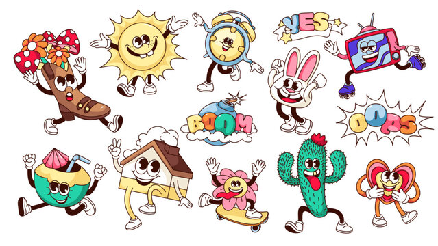 Groovy characters with surprise expressions set vector illustration. Cartoon isolated retro crazy stickers collection of funny personages, sun and flower on skateboard, surprise hippie boot, heart