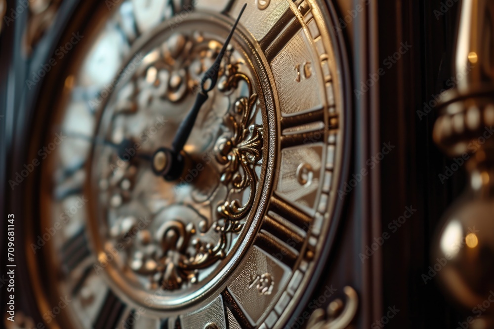 Poster A detailed close-up of a clock with Roman numerals. Perfect for illustrating the concept of time or adding a vintage touch to any project