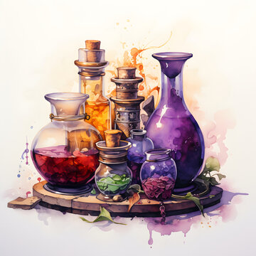 Watercolor painting of potions in glass bottles.