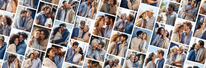 Collage of photos of diverse heterosexual and homosexual couples on a white background. Valentine's Day backdrop