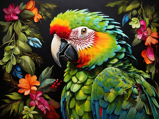 Obraz premium painting of macaw parrot with vibrant colors on dark canvas