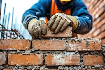 A bricklayer places bricks on building. Generative Ai. - obrazy, fototapety, plakaty