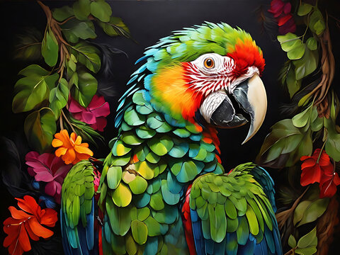 painting of macaw parrot with vibrant colors on dark canvas