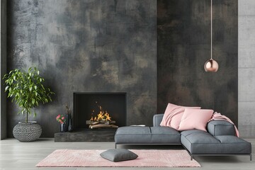 Pink pillow on the gray sofa near fireplace. Scandinavia interior design of modern living room - obrazy, fototapety, plakaty