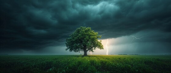 Fototapeta na wymiar Lightning strikes a One tree in a green field. A stormy sky with thunder over country scenery.