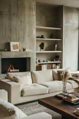 Cream sofa near fireplace. Scandinavia interior design of modern living room