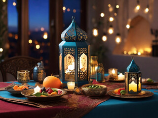 Fototapeta na wymiar Ramadan Kareem concept. Arabic lanterns with burning candles.. Created using generative AI tools
