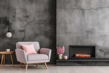 Pink pillow on the gray sofa near fireplace. Scandinavia interior design of modern living room - obrazy, fototapety, plakaty