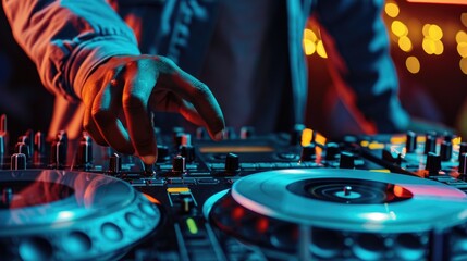 A DJ is seen playing music on a turntable. This image can be used to depict a DJ performing at a...