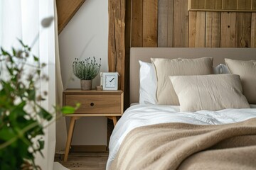 Night lamp beside of bed near wooden wall. Minimalist, French country interior design of modern bedroom