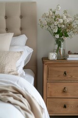 Night lamp beside of bed. Minimalist, French country interior design of modern bedroom
