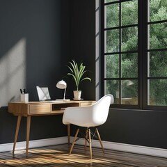 Modern office interior with white chair and table. Lamp table on top, dark concept