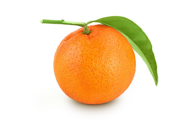 Tangerine or clementine with green leaf isolated on white background with full depth of field.