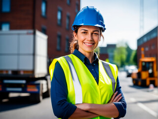 Portrait of smiling female engineer standing with arms crossed on construction site