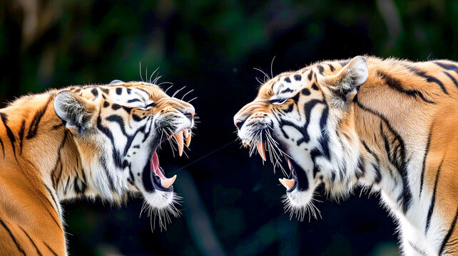 Close up of two beautiful tigers standing face to face, snarling and growling at each other, in a jungle setting.
