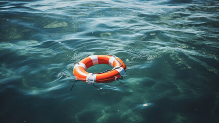 An orange and white lifebuoy floating on the calm surface of ocean water, symbolizing safety and emergency preparedness. - obrazy, fototapety, plakaty