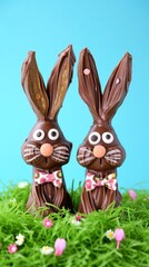 Chocolate Bunny Figures on Green Grass.
Two chocolate Easter bunnies with bowties on vibrant green grass against a blue background.