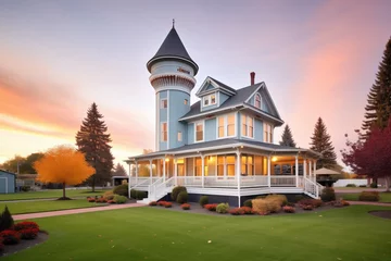 Gartenposter victorian house with turret and manicured front lawn © altitudevisual