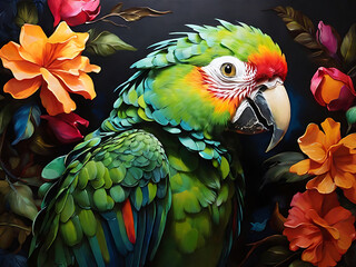Obraz premium painting of macaw parrot with vibrant colors on dark canvas