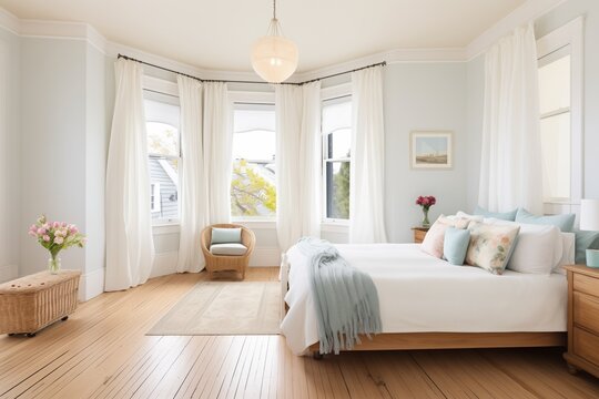 victorian bedroom, white curtains on bay window