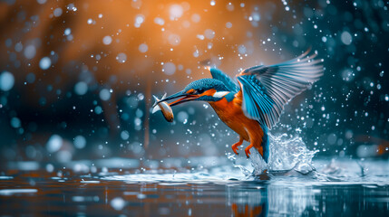 Kingfisher  (Alcedo atthis) flying after emerging from water with caught fish prey in beak. Kingfisher caught a small fish - obrazy, fototapety, plakaty