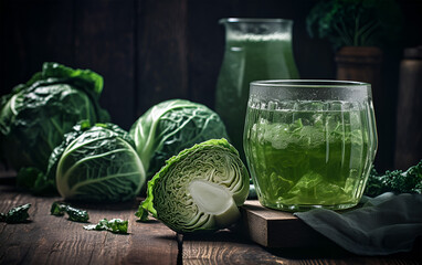 A glass of cabbage juice and green cabbage on a rustic wood table. Green juice detox. Healthy detox diet. - obrazy, fototapety, plakaty